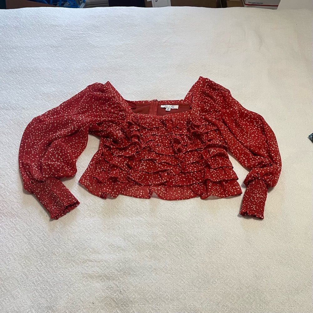 She‎ + Sky Red Dotted Ruffle Blouse Size Small